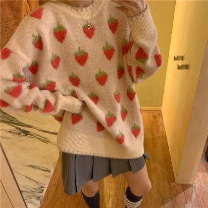 Loose, Sweet, Girl Strawberry Pullover, Lazy,..