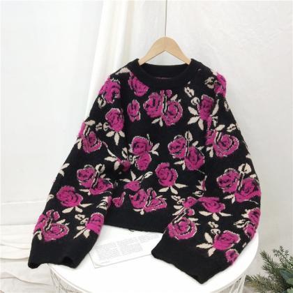 Rose Flower Pullovers, Loose, Warm Vintage Knits