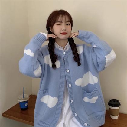 Blue Sky And White Cloud Sweater, Student Loose..