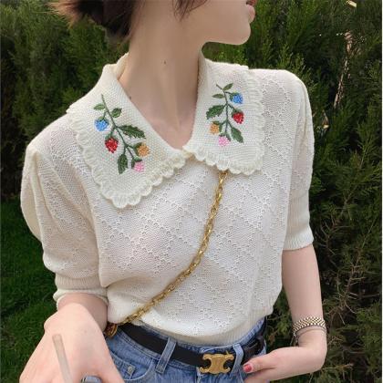 Embroidered Short Knit, Baby Neck, Thin Pullover..