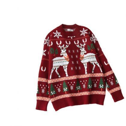 Christmas Snowflake Deer Jacquard Knit,..