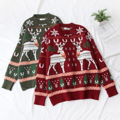 Christmas Snowflake Deer Jacquard Knit,..