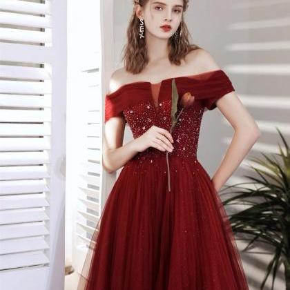 Off-the-shoulder Prom Dresses, Red Charming Party Gowns, Hand-beaded ...