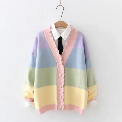 Rainbow, Stripe, Wavy Agaric Lace V-neck Sweater,..