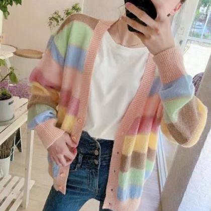 Rainbow, Stripe, Wavy Agaric Lace V-neck Sweater,..