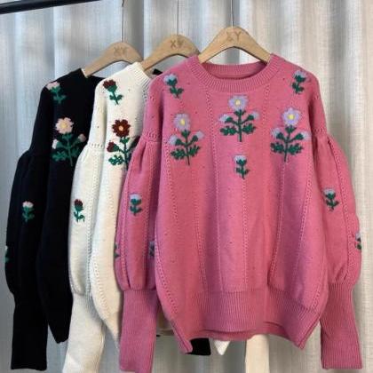 Temperament Flower Sweater, Vintage, Jacquard..