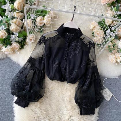 Vintage,tulle Lace Blouse, Stand Collar..