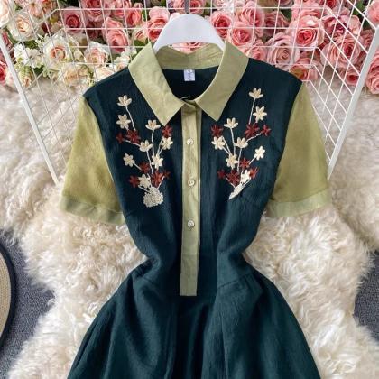 Elegant Waist Embroidery Dress, Shirt Collar..