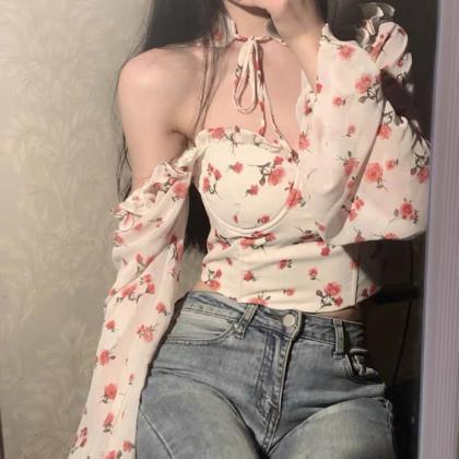 Stylish, Long-sleeved Shirt, Square Collar Floral..