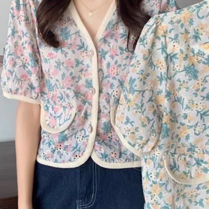 Vintage, Embroidered Floral Short-sleeved Shirt,..