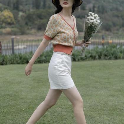 Summer, Thin V Collar Floral Short Sleeve Sweater,..
