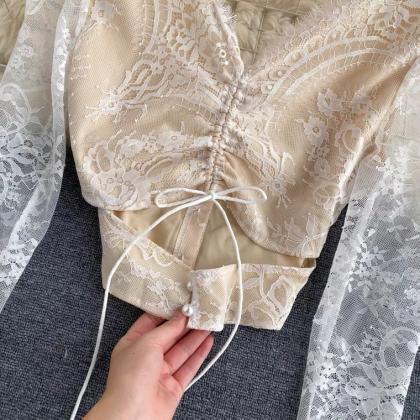 Chic Style, Sweet Lace Long Sleeve Blouse, Hollow..