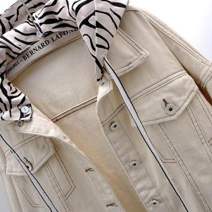 Versatile, Zebra-print Hoodie, Denim Jacket, Loose..