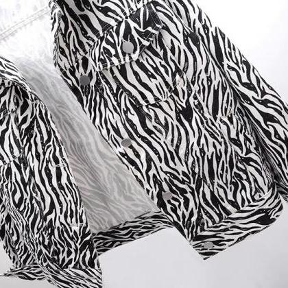 Zebra-print Denim Jacket, Loose And Versatile..