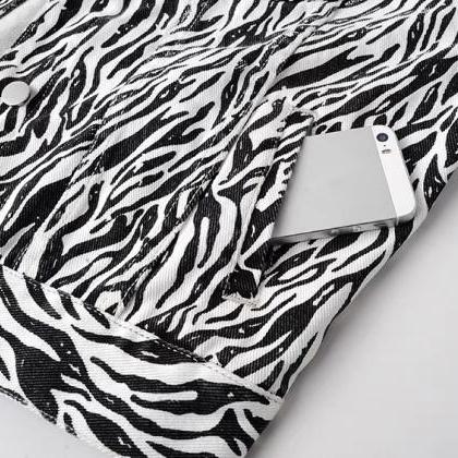 Zebra-print Denim Jacket, Loose And Versatile..