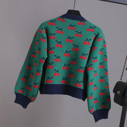 V-neck Short Knit Jacket, Cherry Jacquard Cardigan