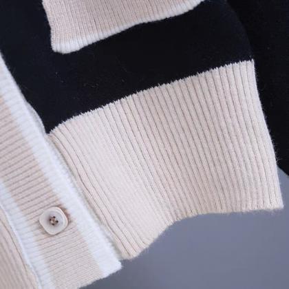 Contrast Color Cardigan, V-neck Short Sweater