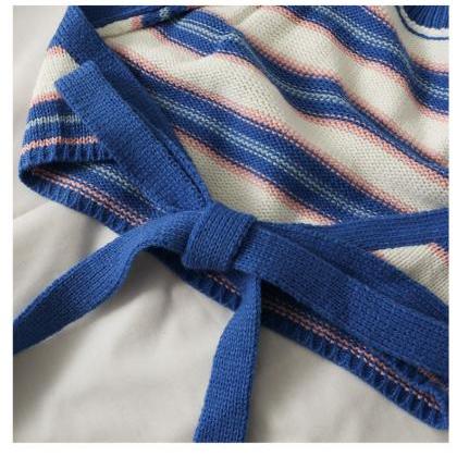 Striped Short Crop Halter Knit Vest, Back Bow Tie..