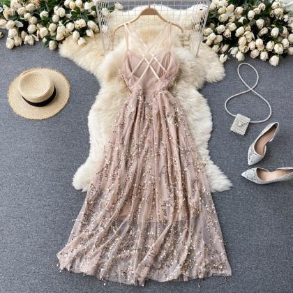 Sequin Dress, Goddess Style, Backless Slim Midi..