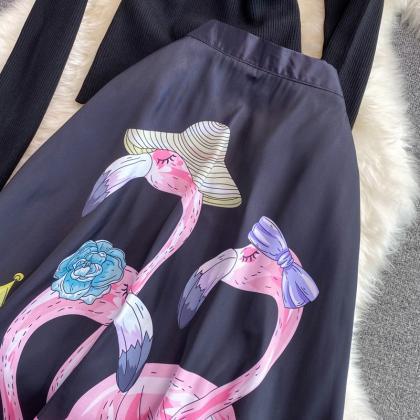 Slim Knit Top, High Waist Printed Full Skirt, Two..