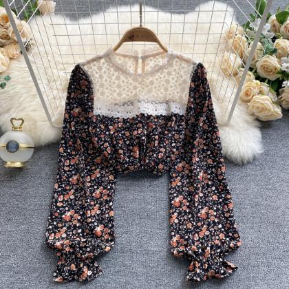 Long Sleeve Floral Shirt, Lace Stitching, Loose,..