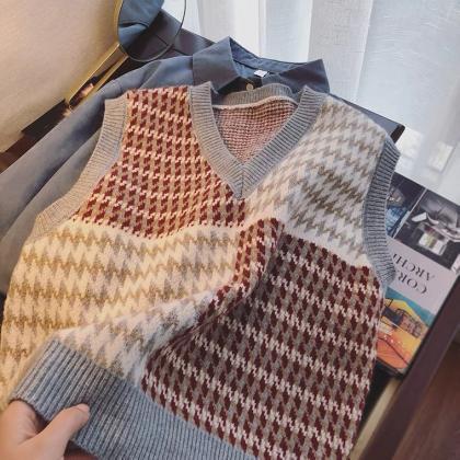 Vintage, Plaid Sweater Vest, Spring And Autumn,..