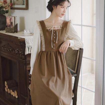 Autumn, Square Collar Long Sleeve Dress, Vintage..