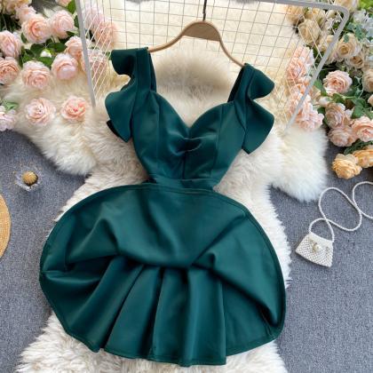 Green Mini Dress, V-neck Short Dress, Ear-trimmed,..