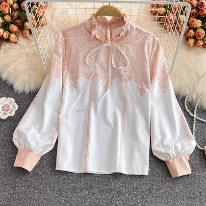 Autumn, Retro, Stand Collar Lace-up Shirt, Printed..