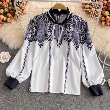Autumn, Retro, Stand Collar Lace-up Shirt, Printed..