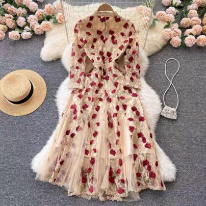 Vintage, Palace Style, Flower Embroidery Dress,..