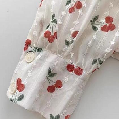 Sweet Cherry Shirt, Loose And Casual Floral Long..