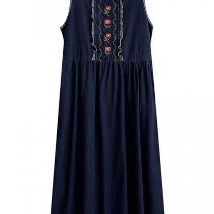 Stylish Denim Dress, Sleeveless Embroidered Midi..