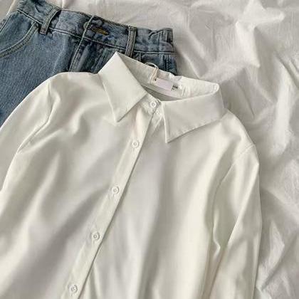 Solid Color Chiffon Shirt, Lapel Long Sleeve..