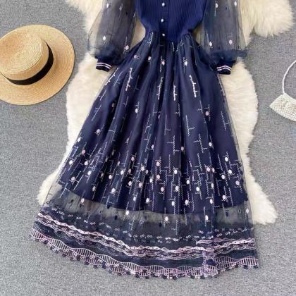 Long Sleeve Dress, Heavy Embroidery, Round Collar,..