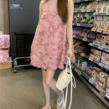 Pink Stereoscopic Flower Dress, Sweet Dress, Fresh..