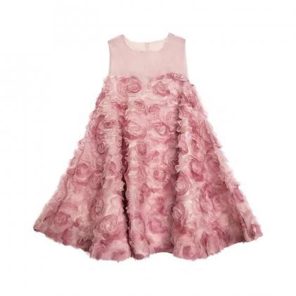 Pink Stereoscopic Flower Dress, Sweet Dress, Fresh..