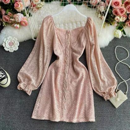 Temperament Long Sleeve Square Collar Lace Dress,..