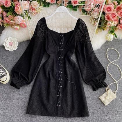 Temperament Long Sleeve Square Collar Lace Dress,..