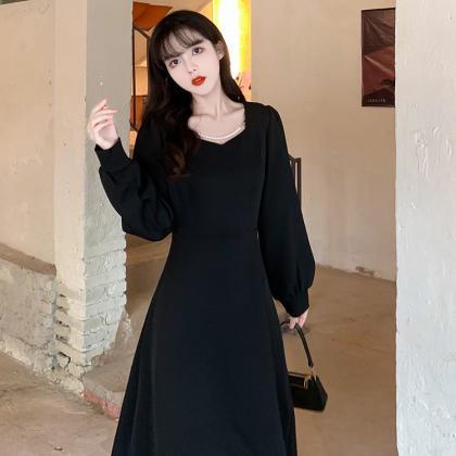 Long Sleeve Black Dress, Temperament Vintage Dress