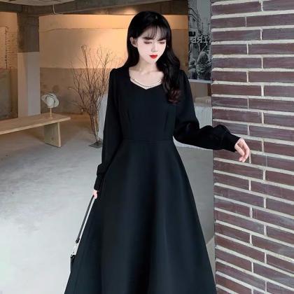 Long Sleeve Black Dress, Temperament Vintage Dress