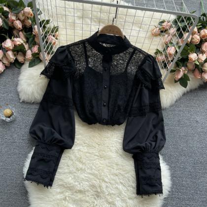 Embroidered Chiffon Lace Blouse, Stand-up Collar..