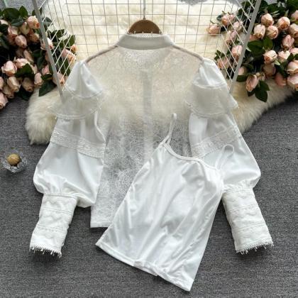 Embroidered Chiffon Lace Blouse, Stand-up Collar..