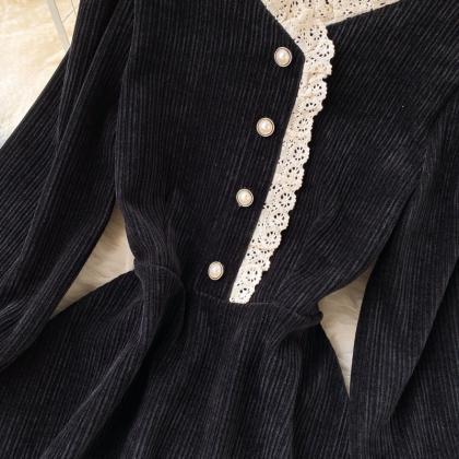 Vintage Corduroy Dress, Lace Stitching, Little..