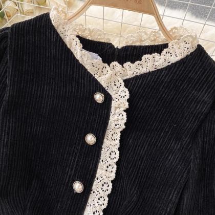 Vintage Corduroy Dress, Lace Stitching, Little..