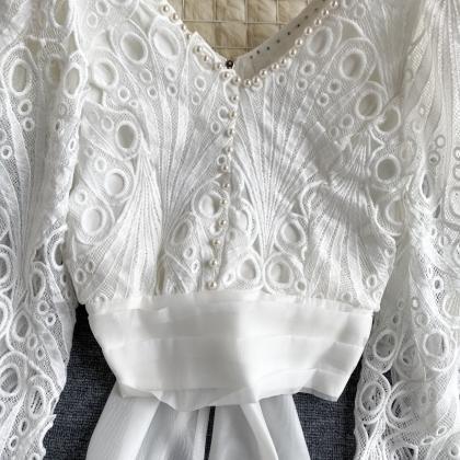 Palace Style Tp, Hollow Lace, Bubble Sleeve, Tie..
