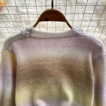 Sweet Bowknot Short Sweater, Gradient Cute..