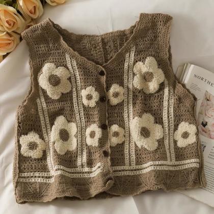 Sweet , Flower Single-breasted Cardigan, Knit..