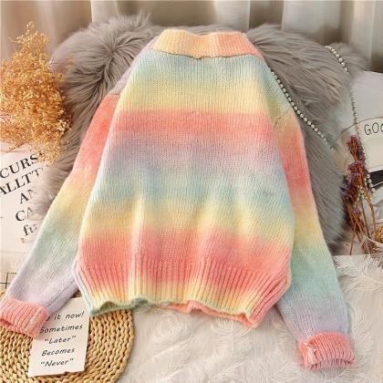 V-neck Rainbow Stripe Cardigan, Soft Waxy Loose..