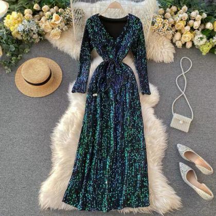 Sequin Dress, V-neck, Long Sleeves Party Dress, ,..